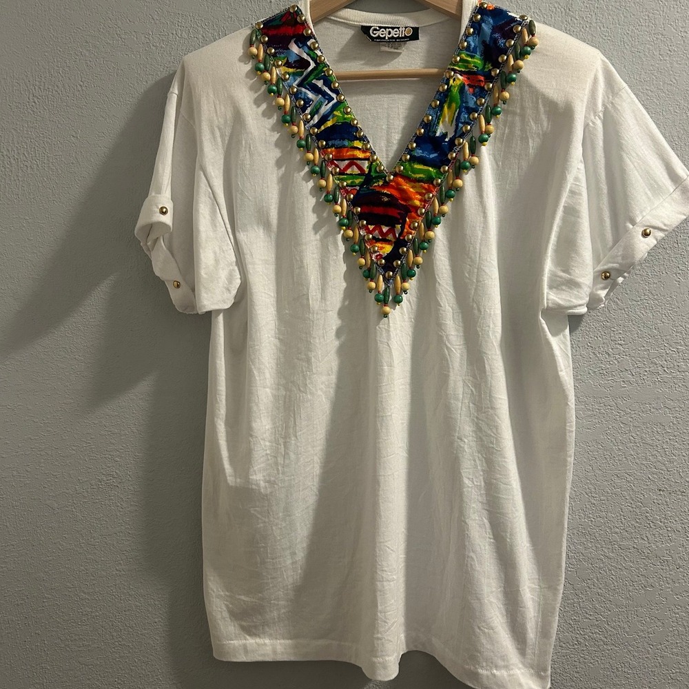 Vintage Gepetto White Beaded Tribal V-Neck T-Shirt Studded Cotton Top Womens